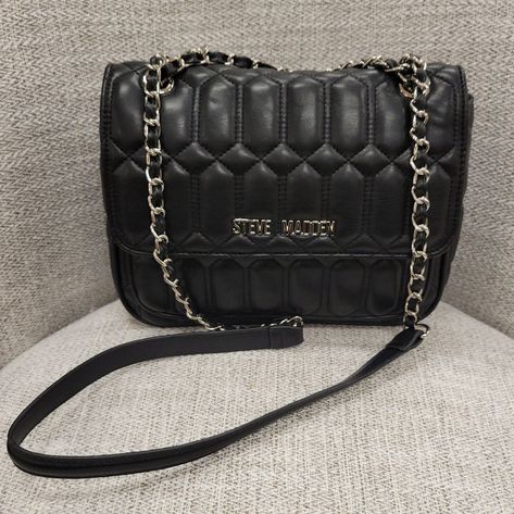 Black Faux Leather With Silvertone Hardware, Chain Link Shoulder Strap, Back Slip Pocket, Interior Zip Pocket Steve Madden Bags, Black Faux Leather, Cross Body Handbags, Chain Link, Steve Madden, Zip Pockets, Silver Tone, Shoulder Strap, Faux Leather