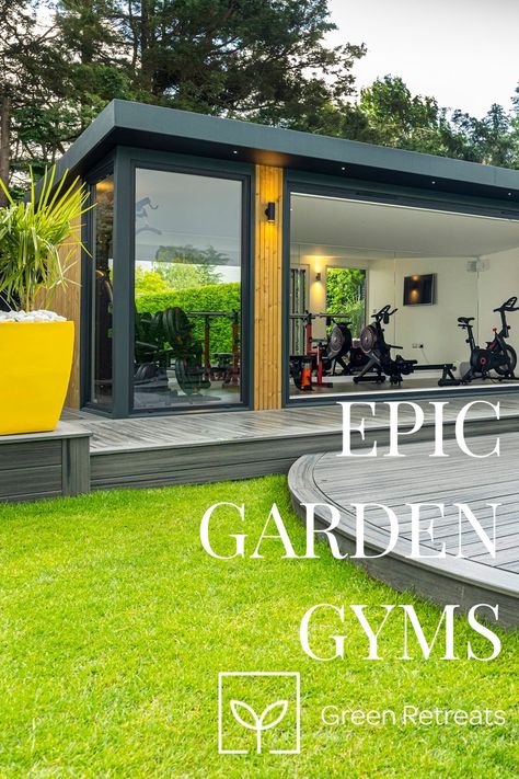 Outdoor Office And Gym, Garden Room Gym Ideas, Outdoor Gym Shed, Outdoor Home Gym Ideas, Home Shed Gym, Garden Gym And Sauna, Gym Garden Room, Outside Gym Ideas, Gym Outdoor Design