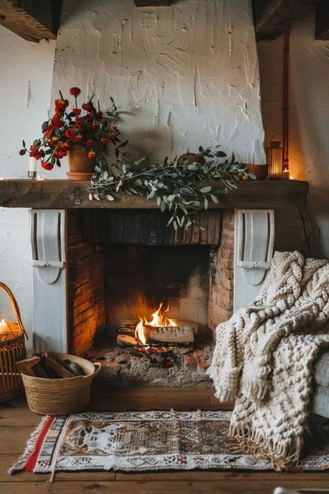 Cozy Farmhouse Fireplace Ideas for Your Home Old World Fireplace, Small Room Fireplace Ideas, Old Fireplace Decor, Country Cottage Fireplace, Vintage Fireplace Ideas, Kitchen Fireplace Ideas, Cozy Fireplace Aesthetic, Cottage Fireplace Ideas, Fireplace Ambiance