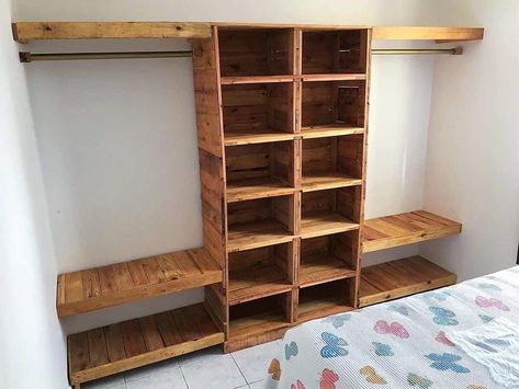 Clothing Shelf Ideas, Open Shelving In Bedroom For Clothes, Building Walk In Closet In Bedroom, Diy His And Hers Closet, Diy Wooden Closet Shelves, Country Closet Ideas, No Closet Solutions Bedroom Diy, Small Room Clothes Storage Ideas, Pallet Closet Organizer