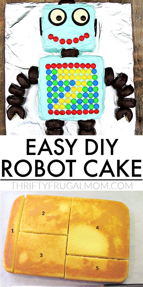 a diy robot cake decorated with simple things like Oreos and M&M's Robot Sheet Cake, Robot Birthday Party Cake, Diy Robot Cake, Robot Pull Apart Cupcake Cake, Robot Cupcake Cake, Robot Cupcakes Ideas, Robot 3rd Birthday Party, Birthday Cake 4th Boy, Kid Birthday Cake Ideas