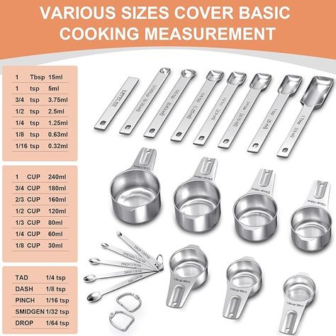 These measuring cups and spoons are made out of one piece of metal so the handles will never bend or break off. The material is rust resistant & durable stainless steel. The cup body is thickened to avoid cracking. They are easy to clean and dishwasher safe. Each measuring cup also has outside markings for a smaller measurement size that is visible on the inside. The rectangular design of the measuring spoons is slim and narrow to fit into small spice jars or herb containers. #ad Herb Containers, Measuring Cups And Spoons, Cooking Measurements, Marinade Sauce, Cooking Basics, Baking Set, Dehydrator Recipes, Measuring Cup, Coffee Accessories