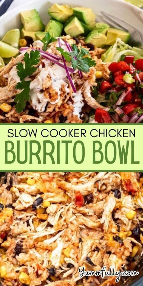 If you love Mexican-inspired bowls, you will love this one-pot wonder. Chicken breasts, rice, beans, corn, tomatoes, and spices are all cooked to perfection in the slow cooker. Forget about cooking all things separately and then assembling your bowl. This recipe is all about convenience! Rice Beans Corn, Slow Cooker Chicken Burrito Bowl, Mexican Chicken Bowl, Slow Cooker Burrito, Healthy Burrito Bowl, Mexican Chicken And Rice, Slow Cooker Salisbury Steak, Chicken Fajita Soup, Crockpot Chicken Breast