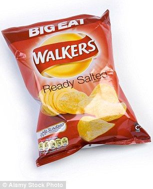 Over-estimation: Larger packs of food and drinks such as crisps (file image) fool the eye into over-estimating a healthy portion size, a study found Ready Salted Crisps, Walkers Crisps, Food Wastage, Potato Crisps, Portion Sizes, British Food, People Eating, Great British, Walkers