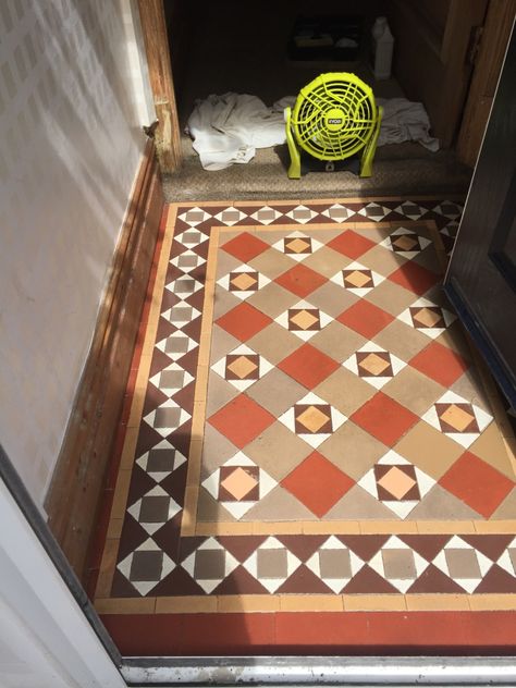 Edwardian Tiles, Craftsman Flooring, Edwardian Living Room, Red Tile Floor, Edwardian Hallway, 1930s House Renovation, Hallway Tiles Floor, Craftsman Tile, Indoor Porch