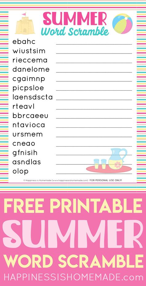 This free printable Summer Word Scramble is lots of fun for kids and adults alike! Unscramble the summer themed words in this fun summer game that everyone will love! Printable Word Games, Word Puzzles For Kids, Summer Puzzle, Summer Vocabulary, Unscramble Words, Scramble Words, Summer Worksheets, Summer Reading Challenge, Summer Game