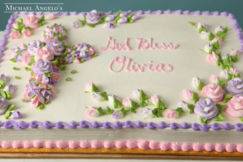 He Is Risen Cake Ideas, Baptism Sheet Cake Girl, First Communion Sheet Cake, Baptism Sheet Cake, Baptism Cake Ideas, Baptismal Cake, Baby Girl Cake, Cross Cakes, Sheet Cake Designs