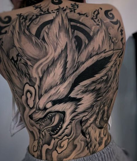 9 Tailed Fox Tattoo Naruto, Kurama Tattoo, Beginner Tattoos, X Tattoo, Naruto Tattoo, Full Back Tattoos, Fox Tattoo, E Tattoo, Japanese Tattoo Art