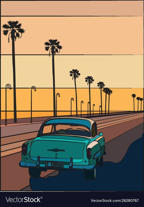 Sunset Vector, ポップアート ポスター, Retro Painting, Posca Art, Retro Car, Car Driving, Car Illustration, Art Drawings Sketches Creative, Old Car