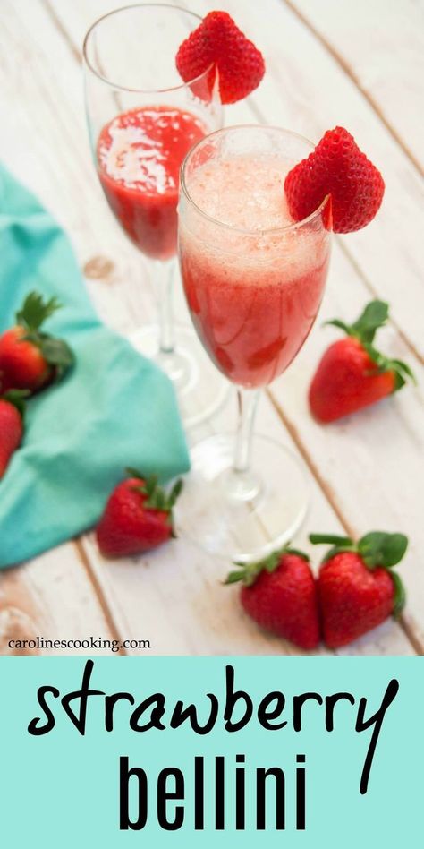 Brighten up your brunch table with this easy strawberry bellini. It takes no time to make and is fresh, colorful and the perfect springtime sip. Only two ingredients, with such a great color and flavor. #ad #brunchweek #strawberry #cocktail #bellini #prosecco #sparklingwine Berry Bellini, Buttercups And Berry Bellini, Strawberry Lemoncello Spritzer, Bellini Intelli Recipes, Milestones Peach Bellini Recipe, Strawberry Bellini, Strawberry Cocktails, Prosecco Cocktails, Strawberry Wine