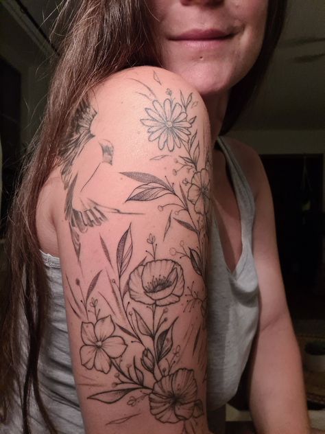 Bicep Floral Tattoo, Colorado Wildflowers Tattoo, Tattoo Arm Sleeve, Name Tattoos On Arm, Floral Arm Tattoo, Tattoo 2023, Colorado Wildflowers, Wildflower Tattoo, Beautiful Flower Tattoos