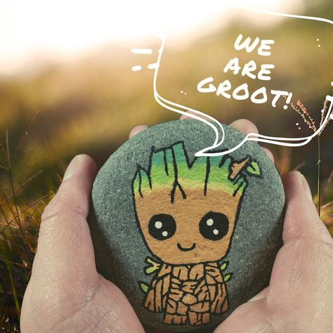 Groot Painted Rock, Groot Rock Painting, Marvel Rock Painting, Marvel Painted Rocks, Marvel Painting Ideas Easy, Disney Rock Painting Ideas, Disney Rock Painting, Diy Rock Painting Tutorials, Diy Rock Painting