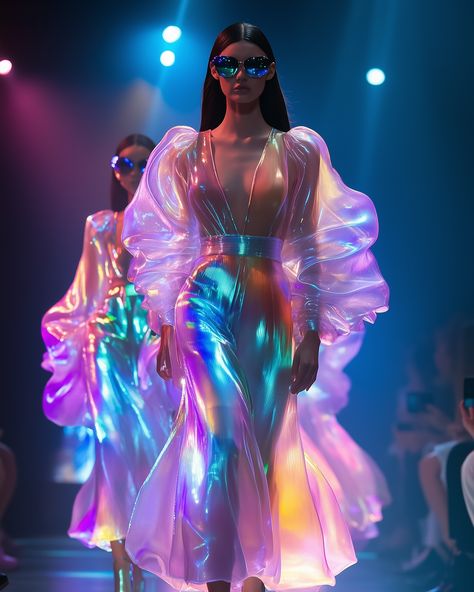 Happy Friday Friends 🫶🏼 Enjoy my new mesmerizing iridescent fashion show ✨💖 Fibre Optic Dress, Shibuya Night, Fiber Optic Dress, Optical Fibre, Iridescent Fashion, Creative Story Ideas, Aurora Design, Trends 2025, Rave Girls