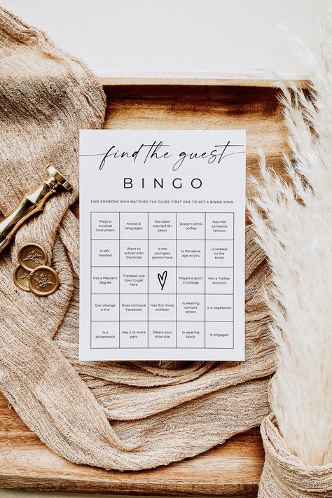 Looking for a fun and interactive game to break the ice at your bridal shower or bachelorette party? Look no further than the "Find the Guest Bingo" editable template! This printable game is an instant download, making it quick and easy to set up for your wedding shower. Challenge your guests to find the guest who fits each description on their bingo card for a memorable and entertaining bridal party game. Get ready to create lasting memories with this engaging bridal shower bingo that will have Wedding Ice Breakers For Guests, Fun Shower Games, Find The Guest Bingo, Wedding Bingo, Guest Bingo, Couple Shower Games, Bridal Party Games, Find The Guest, Bridal Shower Bingo