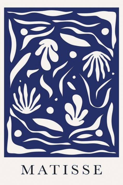 Garden Poster, Matisse Inspired, Blue Garden, Abstract Design, Blue And White, Flowers, Blue, White, Design