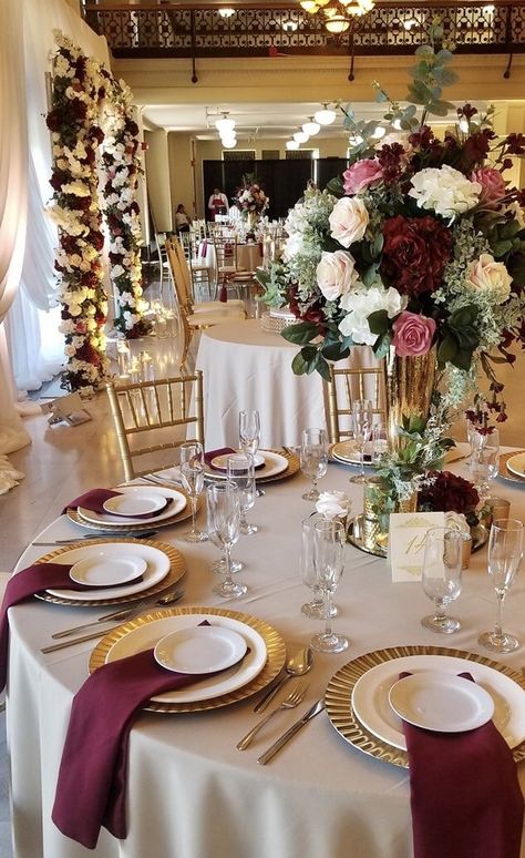 November Wedding Centerpieces, Gold And Burgundy Wedding, Burgundy Wedding Theme, Indoor Wedding Decorations, Burgundy And Blush Wedding, Maroon Wedding, Gold Wedding Decorations, Wedding Floral Centerpieces, Wedding Theme Colors