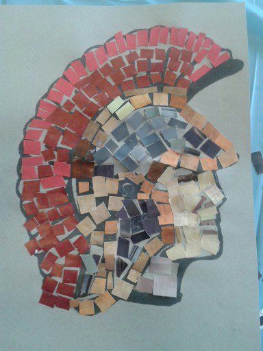 A roman soldier mosaic collage Roman Mosaic Art Ks2, Roman Mosaic Art Project, Roman Mosaic Art For Kids, Roman Art Projects, Roman Soldier Art, Roman Crafts, Mosaic Art For Kids, Romans Ks2, Roman Project