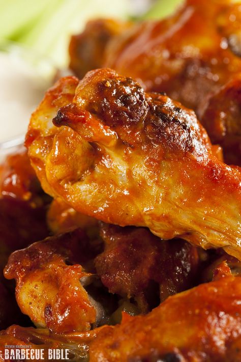 Buffa-Que Wings - Steven Raichlen's buffalo wings, called Buffa-Que Wings, are marinate, then tossed with melted butter and hot sauce. Serve with a blue cheese dipping sauce. #appetizer #buffalowings #grilled #grilling #bbq #barbecue Wing Marinade Recipes, Homemade Hot Wings, Fun Side Dishes, Wing Marinade, Hot Wings Recipe, Blue Cheese Dipping Sauce, Grilling Recipes Ideas, Super Bowl Foods, Cheese Dipping Sauce