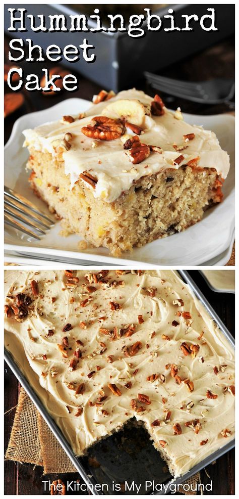 Hummingbird Sheet Cake with Caramel Cream Cheese Frosting ~ Loaded with banana and pineapple, this is one amazingly delicious dessert!  It's all the hummingbird deliciousness of the classic layer cake, in low-fuss sheet cake form.  www.thekitchenismyplayground.com Hummingbird Sheet Cake, Caramel Cream Cheese Frosting, Hummingbird Cake Recipes, Kek Lapis, Cake Form, Cake With Caramel, Hummingbird Cake, Caramel Cream, Sheet Cake Recipes