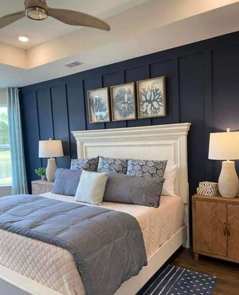 Navy Blue Accent Wall Bedroom, Blue Feature Wall Bedroom, Florida Condo Decor, Navy Accent Walls, Dramatic Bedroom, Headboard Inspiration, Shabby Bedroom, Navy Blue Bedrooms, Navy Decor