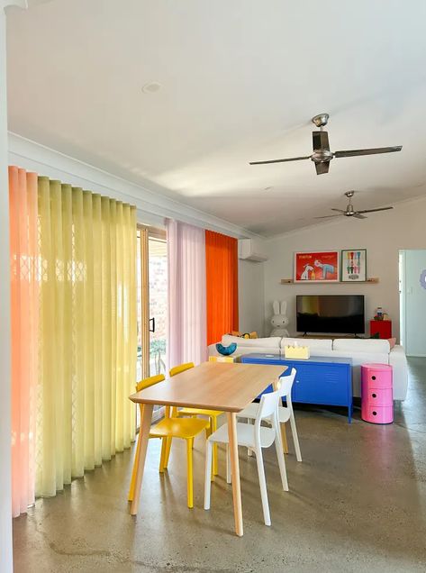 Sliding Door Coverings, Scandinavian Bedrooms, Color Block Curtains, Sliding Door Curtains, Sliding Curtains, Australian House, Australia House, Door Coverings, Colorful Apartment