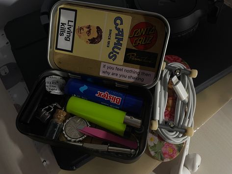 Blistex Lip Balm Aesthetic, Tech Deck Aesthetic, Earphones Aesthetic, Wallet Inspiration, Wallet Storage, Finger Skateboard, Altoids Tins, Clary Sage Essential Oil, Inside My Bag