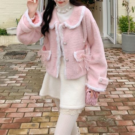 Coquette Bday, Kawaii Sweaters, Girly Winter, Cute Pink Outfits, Kawaii Sweater, Japanese White, Cute Autumn, Skirt High Waist, Kawaii Fashion Outfits