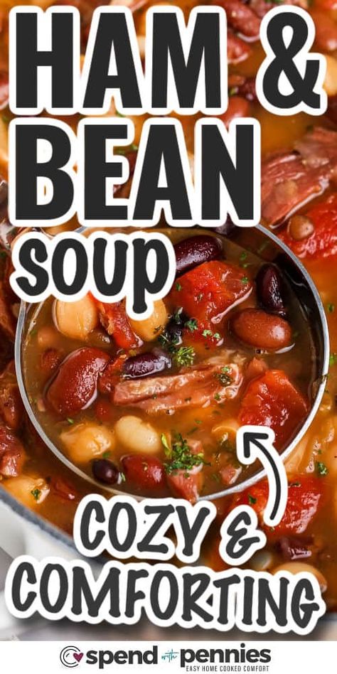 This hearty ham and bean soup recipe is perfect for the pot or crock! Start by soaking a mix of navy and white beans overnight. Cook them with a meaty ham bone, chopped onion, and reduced-sodium chicken broth for rich flavor. Add a can of diced tomatoes, dried parsley, and chili powder for depth. Finish with a splash of lemon juice and the included seasoning packet for a delicious, warming meal that’s sure to satisfy! Enjoy every bite! #spendwithpennies Ham And Bean Soup Recipes Canned Beans, Ww Ham And Bean Soup, Ham Chili Recipe, Easy Ham And Bean Soup With Canned Beans, Ham And Bean Soup Stovetop, Ham N Bean Soup, Navy Beans And Ham Crockpot, Bean And Ham Soup Recipes, Ham Navy Bean Soup