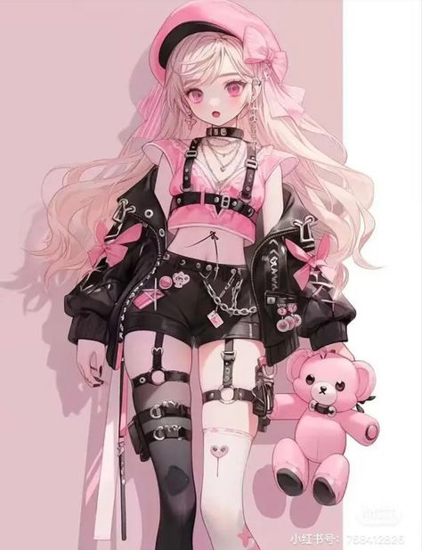 Demon Clothes Reference, Punk Outfit Design, Pink Punk Outfits, Pink Goth Outfits, Girly Goth Outfits, Anime Goth Outfits, Punk Girl Art, Punk Girl Outfits, Demon Clothes