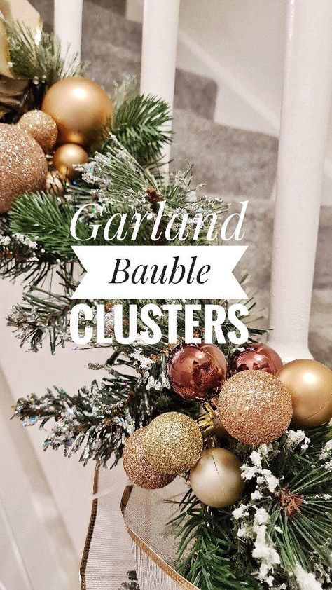 Diy Christmas Ornament Cluster, Christmas Bauble Clusters, Bauble Christmas Tree, Diy Bauble Garland, Bauble Cluster On Tree, Ornament Clusters On Garland, Christmas Garland Ideas Diy, Bauble Decoration Ideas, Christmas Bauble Ideas