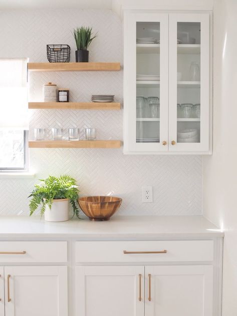 White Cabinets Wood Shelves, White Kitchen Cabinets With Wood Shelves, White Kitchen With Wood Shelves, White And Light Brown Kitchen, Wood Kitchen Hardware, White And Light Wood Kitchen, White Kitchen Brass Hardware, Sage Green And White Kitchen, Light Wood Shelves