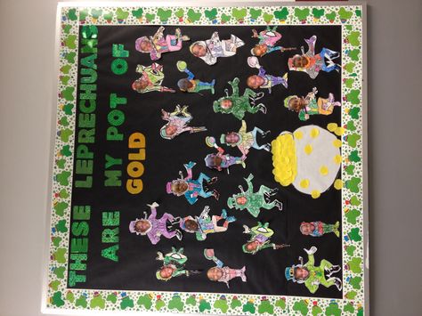 St patty bulletin board. Students colored the leprechauns and I put pic of them on the head. Leprechaun Bulletin Board Ideas, Leprechaun Classroom, St Patricks Activities, St Patricks Theme, March Bulletin Board, Bulletin Ideas, School Door Decorations, School Doors, Bulletin Board Ideas