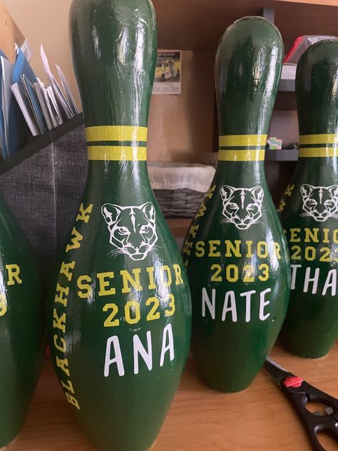 Senior Night Bowling, Bowling Pin Crafts, Senior Night Posters, Bowling Gifts, Senior Night Gifts, Senior Ideas, Bowling Team, Bowling Alley, Bowling Pins