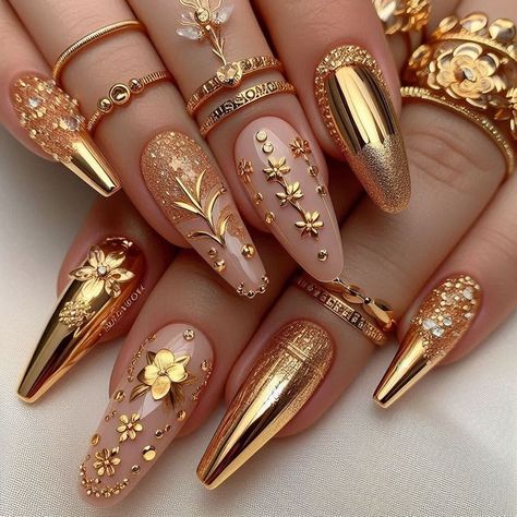 #fashion, #nails, #nailinspiration, #designinspiration Classy Coffin Nails, Golden Nail Art, Harry Potter Nail Art, Elegant Touch Nails, Birthday Nail Designs, Ombre Nail Art Designs, Cute Summer Nail Designs, Extra Accessories, Silver Nail Art