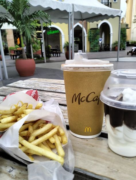 sundae, fries and coffee Fries Cafe Design, Fries And Milkshake, Fries And Sundae, Tall Blonde And Gorgeous Fries, Mcdonald’s French Fries, Philz Coffee, Coffee Cups, Coffee