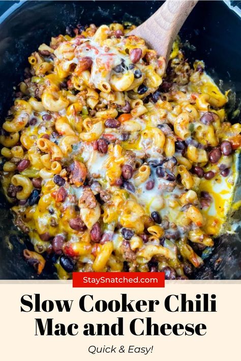 photo of chili mac and cheese in the slow cooker Fall Potluck Crockpot Recipes, Fall Potluck Main Dish, Mac And Cheese Chili Recipe, Slow Cooker Potluck Ideas, Potluck Crockpot Ideas, Potluck Crockpot Recipes, Crockpot Chili Mac, Chili Mac Recipe Easy, Slow Cooker Chili Mac