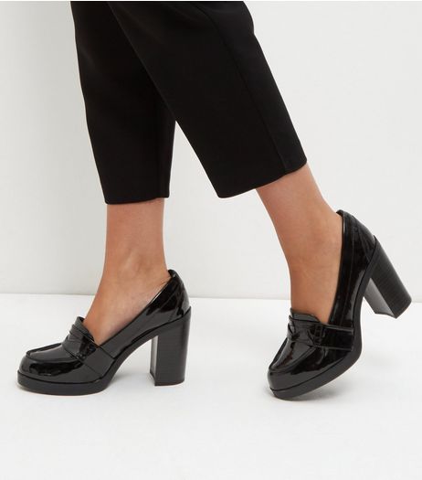 Wide Fit Black Patent Loafer Block Heels | New Look Loafer Heels Outfit, Heeled Loafers Outfit, Black Patent Loafers, Loafers Outfit, Patent Loafers, Block Heel Loafers, Shoe Gallery, Heels Outfits, Shoes And Boots