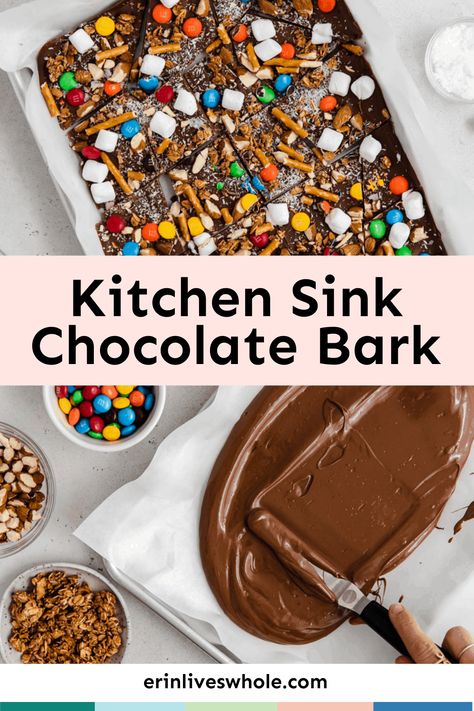 Sweet tooth begone! With Kitchen Sink Chocolate Bark, cravings are satisfied and taste buds are delighted. It's rich, creamy, and filled with your favorite toppings - choose whatever you love! Creamy Kitchen, Traditional Thanksgiving Recipes, Tasty Desserts, Bark Recipe, Almond Bark, Healthy Desserts Easy, Chocolate Bark, Gluten Free Recipes Easy, Healthy Snacks Easy