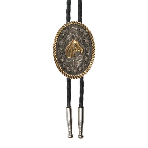 Product Details: Oval horse head rope edge medallion Antique gold and silver Black braided leather cord with silver tips Medallion dimensions: 1 1/2" x 2" Tie length: 36" Horse Medallion, Modern Cowboy, Silver Tips, Man On Horse, Gold Horse, Tie Length, Decorative Pattern, Bolo Tie, Black Braids