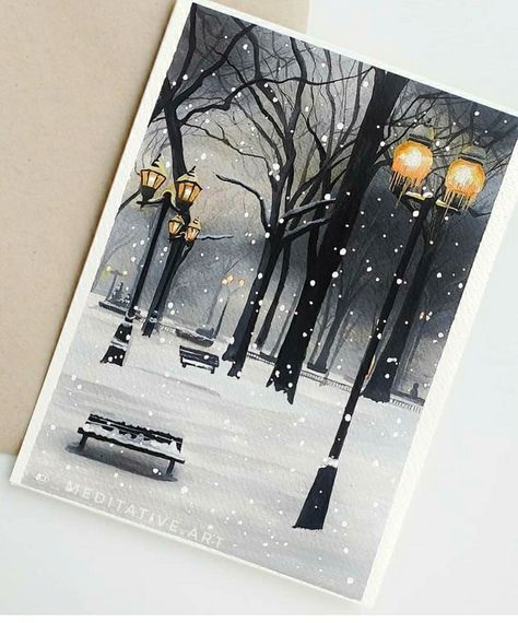 Winter Painting Aesthetic, Gouche Christmas Painting, Winter Canvas Painting Ideas Easy, Winter Drawings Easy, Guache Painting Ideas, Asthetic Paintings Canvases, Snow Acrylic Painting, Snow Painting, Painting On Canvas For Beginners