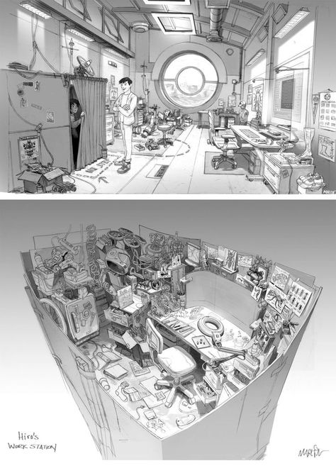 Big Hero 6 Background Concept Art, Big Hero 6 Technology, Big Hero Six Concept Art, Environment Design Concept Art, Concept Art Room, Lab Concept Art, Workshop Concept Art, Big Hero 6 Concept Art, Technology Concept Art