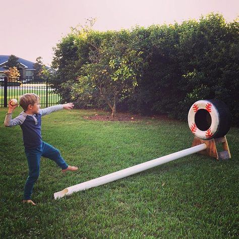 Baseball Practice..Tire pitching target WITH pvc Ball return (my hubby's great idea) . Easy DIY project. #baseballball Tball Coach, Baseball Practice, Backyard Baseball, Baseball Tips, Softball Drills, Baseball Drills, Softball Pitching, Baseball Crafts, Softball Training