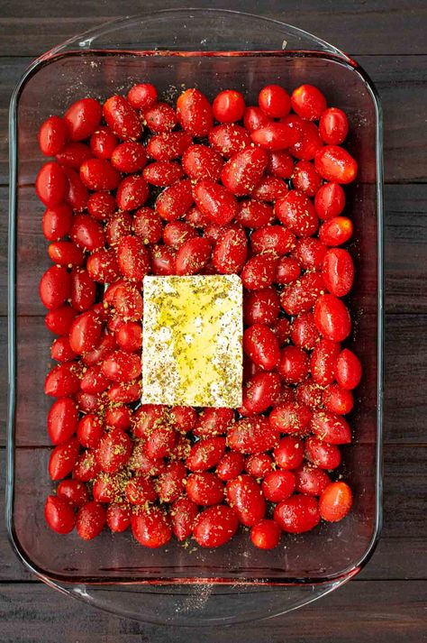 Baked Grape Tomatoes, How To Use Up Grape Tomatoes, Tomatoe Feta Cheese Pasta Bake, Tick Tock Feta Pasta Recipe, Tik Tok Feta Pasta Recipes, Tik Tok Baked Feta Pasta, Tik Tok Tomato Feta Pasta, Baked Tomatoes And Feta, Tim Tok Pasta Feta