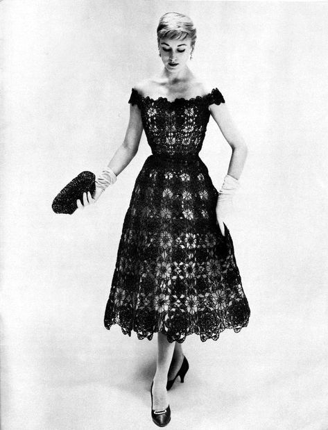 Create a stunning, airy evening dress with this Vintage Crochet Silk Organdy Tea Length Formal Dress Pattern. This PDF reproduction pattern is designed for bust sizes 35 to 38 inches (sizes 12-16) and features intricate crocheted medallions that shape a delicate and elegant formal dress. Perfect for special occasions, this dress combines the crisp beauty of silk organdy with the intricate detail of vintage crochet work. Crochet Formal Dress Pattern, Crochet Formal Dress, Formal Dress Pattern, Tea Length Formal Dresses, Dress Pattern Vintage, Formal Dress Patterns, Evening Dress Patterns, Womens Knitting Patterns, Crocheted Dress