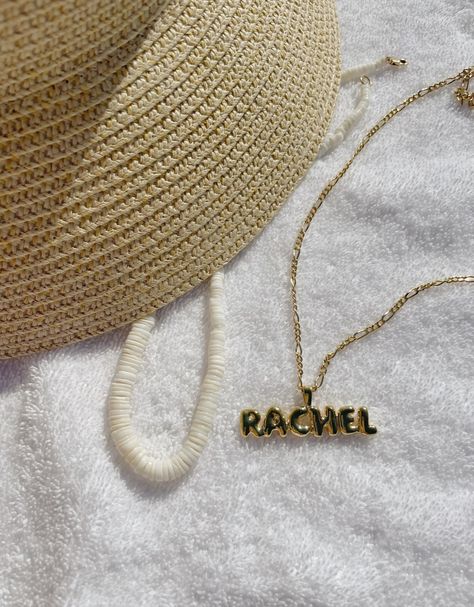 Puka necklace and gold bubble letter name plate necklace handmade by Rachel G Jewlery Necklace Name Design, Puka Necklace, Summer Necklaces, Name Plate Necklace, Name Plate Design, Bubble Necklace, Gold Bubbles, Bubble Letter, 2 Letter