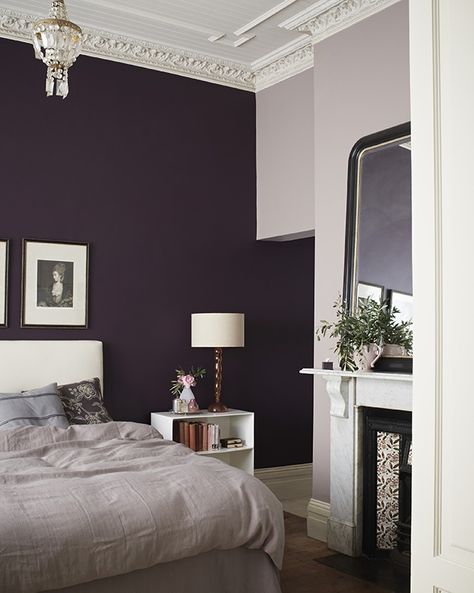 anneroselt.com Aubergine Walls Bedroom, Dark Purple Accent Wall Bedroom, Amethyst Bedroom, Dark Purple Bedroom Walls, Plum Accent Wall, Deep Purple Bedroom, Elemental Colour, Purple Bedroom Wall, Purple Wall Bedroom