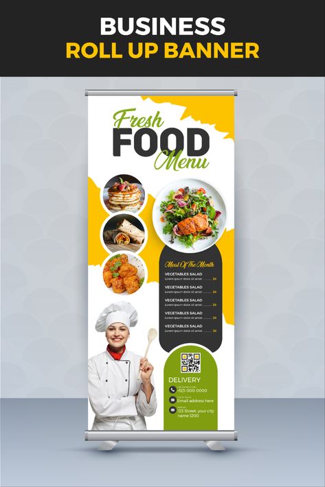 Restaurant Roll Up Banner Design, Restaurant Standee Design, Printing Business Ideas Products, Food Standee Design, Cafe Banner Design, Standee Food, Menu Banner Design, Food Banner Design Ideas, Food Roll Up Banner