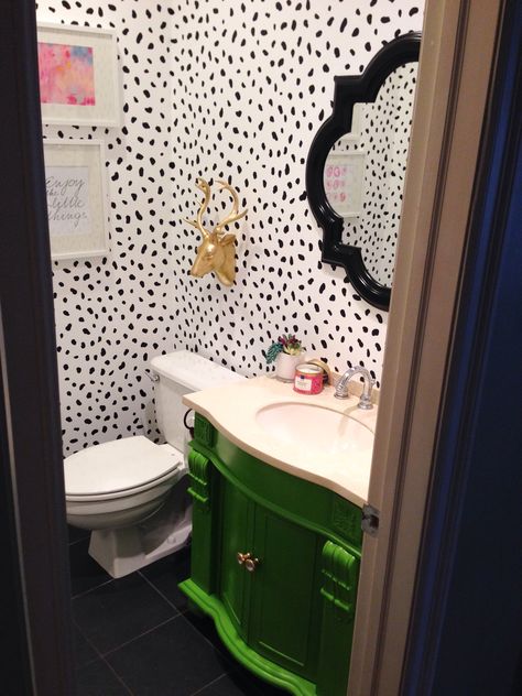 Funky Painted Bathrooms, Mixed Pattern Bathroom, Colorful Bathroom Vanity Ideas, Funky Washrooms, Black And White Maximalist Bathroom, Bathroom Vanity Ecletic, Chalk Paint Vanity, Powder Room Wallpaper Animal Print, Bold Bathroom Wallpaper Anthropologie