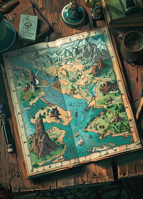 a full pastel colour design of a cartoon map on a desk of an adventurer --v 6 Magic Map Art, D&d Props, Map Making Ideas, Dnd Map Ideas, World Map Ideas, Game Map Design, Map Design Illustration, Fantasy Map Creator, Map Graphic Design