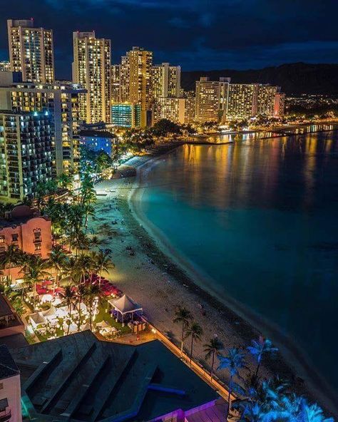 Waikiki at night. Hawaiian Monarchy, Hawaiian Travel, Hawaii Wall Art, Honolulu Waikiki, Waikiki Hawaii, Honolulu Oahu, Visit Hawaii, Hawaii Life, Hawaii Luau